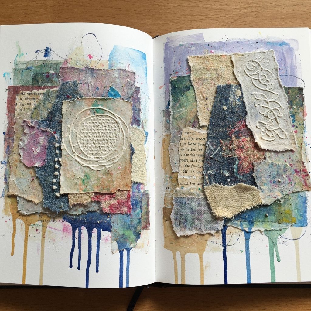 Layered texture art journal with torn paper and mixed media