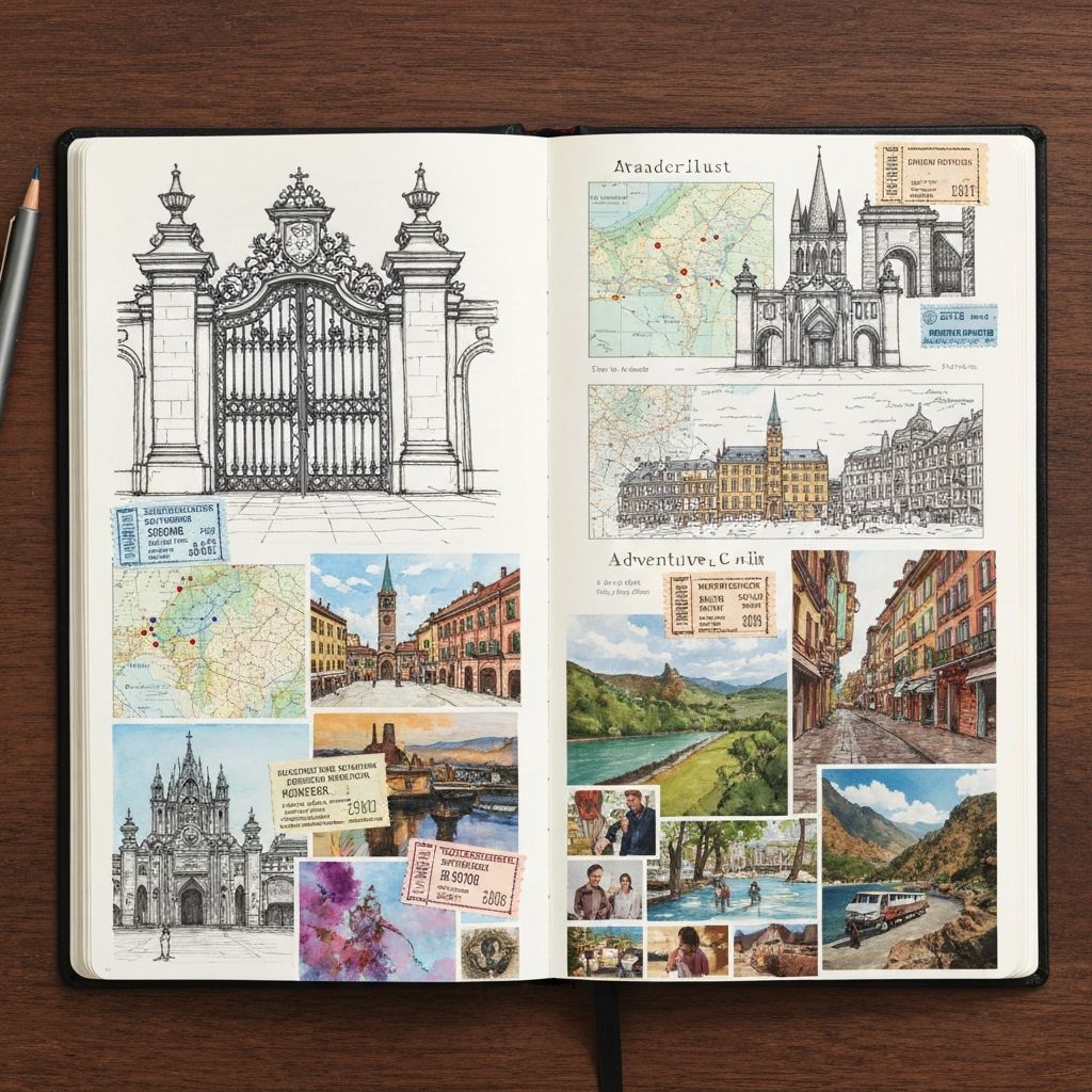 Travel art journal with sketches of architecture and ticket stubs