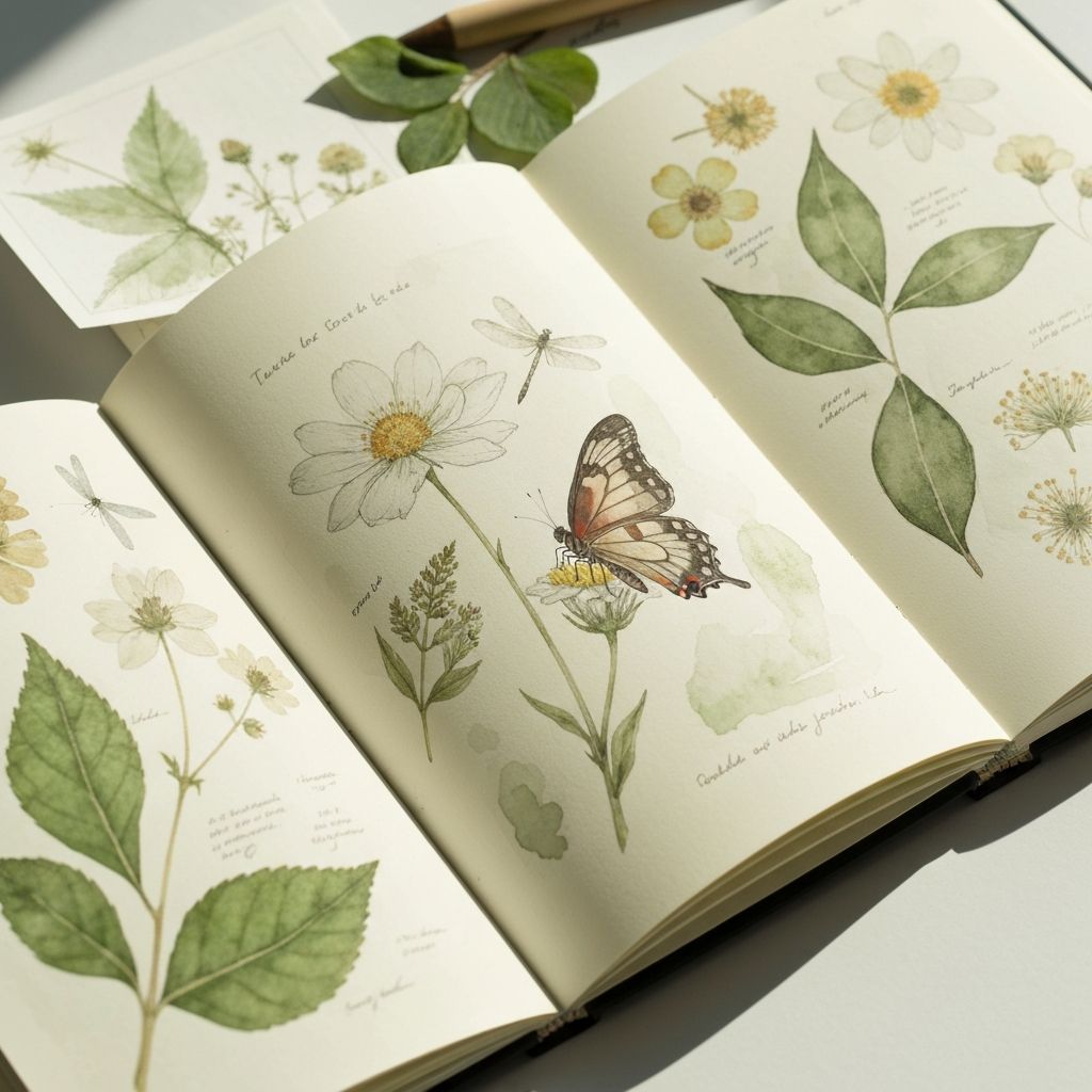 Watercolor nature journal with botanical illustrations and pressed flowers