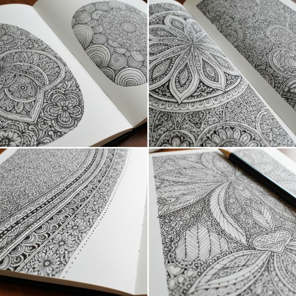 Intricate zentangle pattern art journal with meditative line drawings